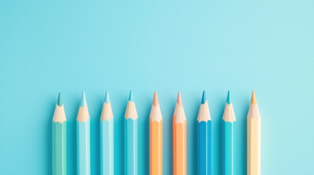 A row of colored pencils on a blue background.