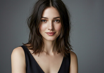Naklejka premium A young woman with dark hair and brown eyes gazes confidently. She wears a black sleeveless top, her soft expression and natural beauty highlighted by elegant lighting and a neutral background.