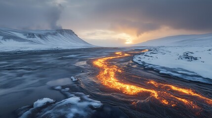 Fototapeta premium Surreal landscape featuring a glowing river of lava flowing through icy terrain at sunset