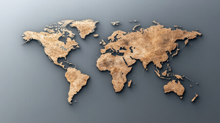 detailed world map with textured, earthy appearance, showcasing continents
