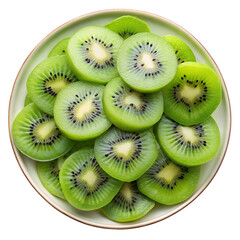 Green kiwi slices with black seeds beautifully placed on a plate, set against a white background