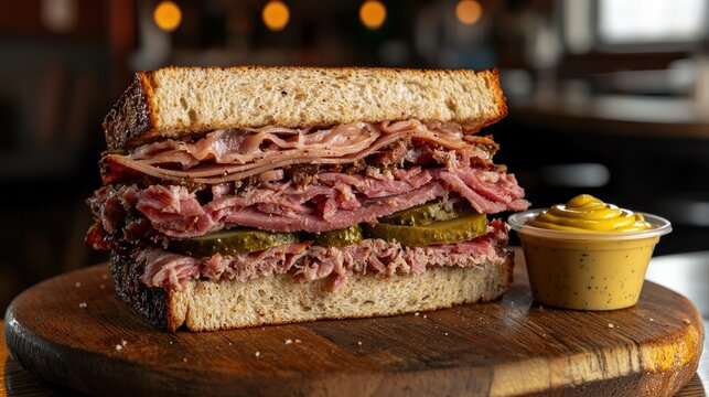 Delicious gourmet pastrami sandwich with mustard sauce on rustic wooden board for food bloggers style photography