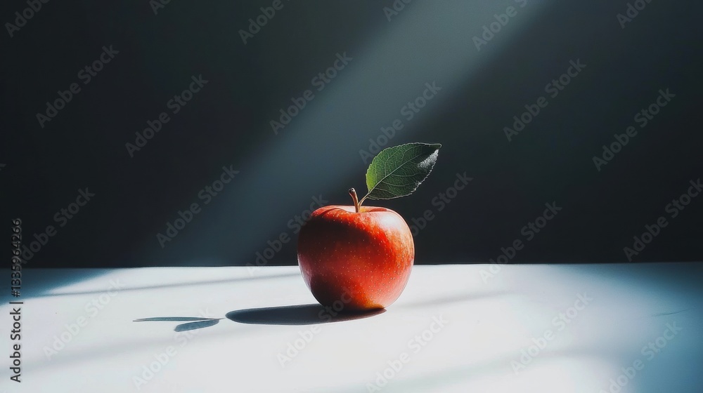 Poster a single red apple with a green leaf sits on a white surface, casting a shadow on the surface.