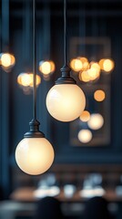 Warm-lit globe pendant lamps hanging over blurred restaurant tables.