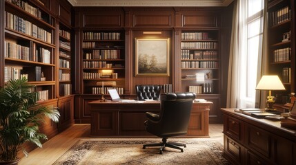 Luxurious Wooden Study Room with Bookshelves, Desk, and Chair