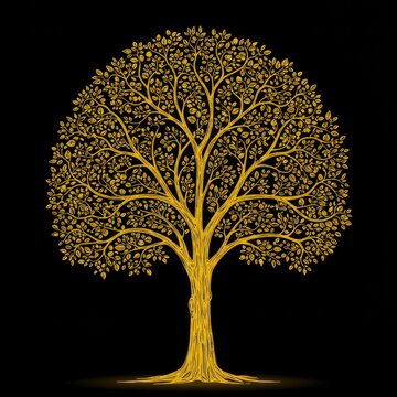 Abstract silver and gold tree illustration, isolated vector on a black background.