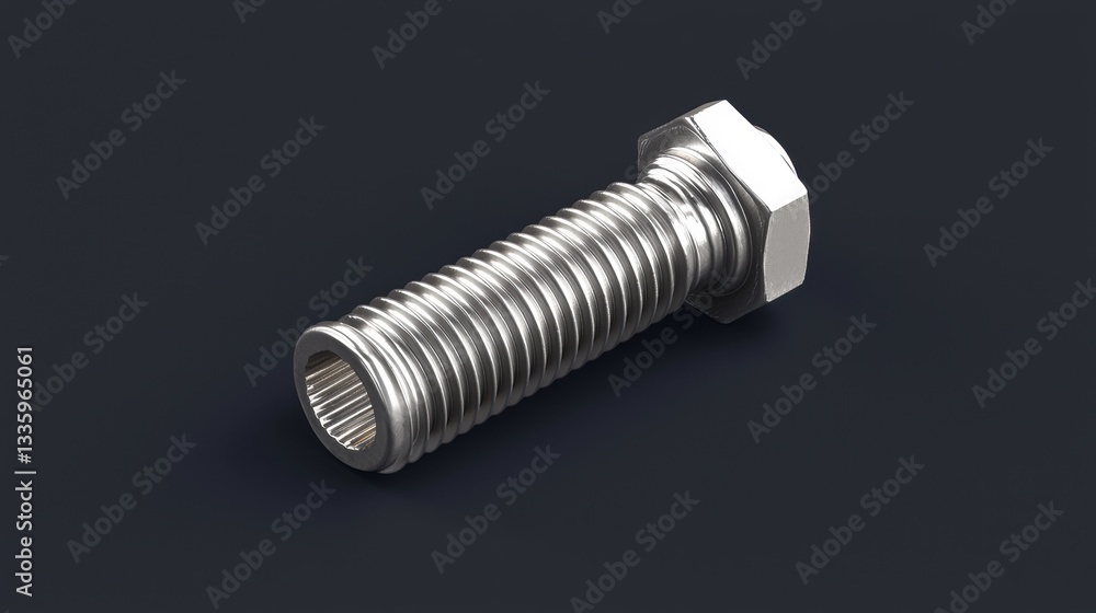 Poster a 3d rendering of a silver bolt with a hexagonal head and a threaded shaft.