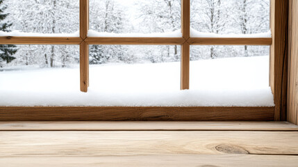 rustic wooden window with snow covered scenery outside, creating cozy atmosphere