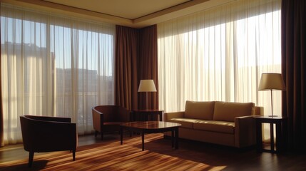 Fototapeta premium Bright Living Room with Sheer Curtains and Wooden Flooring