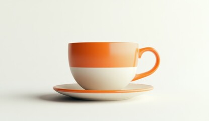 Orange and white coffee cup on saucer