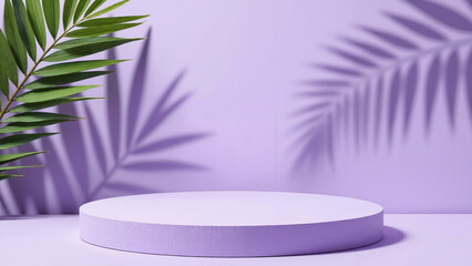 Obraz premium An elegant purple podium with palm leaves and their shadows. Ideal for product displays, cosmetic ads, and tropical themes.