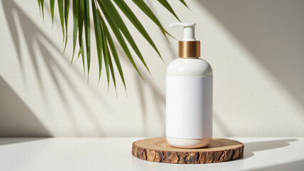 A blank cosmetic bottle on a wooden podium, with a tropical leaf and shadows on a white background. Ideal for beauty, skincare, and organic product branding.