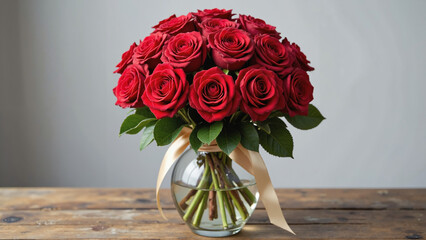 A stunning bouquet of red roses in a glass vase. Ideal for Valentine's Day, anniversary themes, and florists' advertisements.