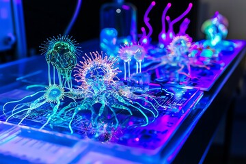 Neon-illuminated cybernetic beings engage within a cutting-edge lab, featuring complex designs and luminous circuitry that embody a fusion of technology and innovation.