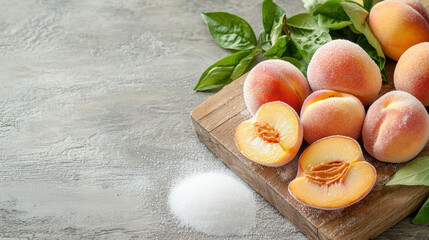 Fresh peaches on wooden board with sugar and green leaves