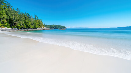 Obraz premium tranquil beach with clear sky, gentle waves, and lush greenery