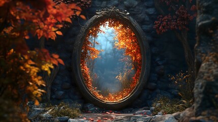 Reflective mirror displaying a vibrant autumn landscape surrounded by stone walls and foliage