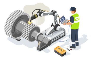 Fototapeta premium Isometric Isolated Illustration of an Industrial Robotic Arm Performing Automated Welding on a Large Gear Shaft Under Engineer Supervision