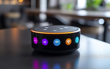 Smart speaker on table, displaying various functions.