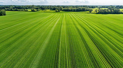Aerial view of vast green agricultural field with neat rows