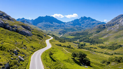 Fototapeta premium Aerial view of scenic mountain pass with winding road and lush greenery