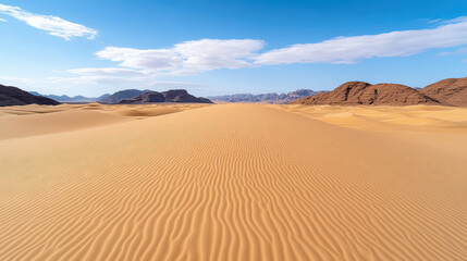Aerial view of serene desert landscape with golden dunes and mountains