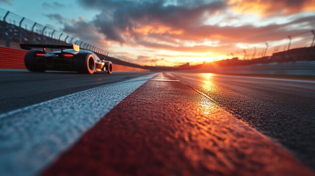 Sunset circuit motion blur road.Evening scene asphalt international race track with starting or end line. 
