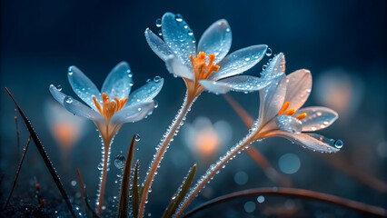 Dew-kissed Crocuses Bloom In A Mystical Twilight Garden, Showcasing Serene Beauty With Soft Blue Tones And Bokeh Background