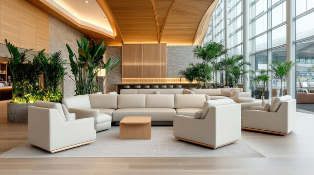 Luxurious airport lounge with modern furniture and greenery for relaxation