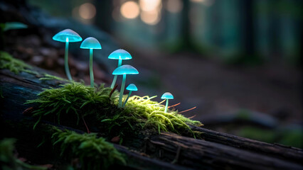 Enchanting Bioluminescent Mushrooms Glowing Mysteriously In A Dark, Mossy Forest, Illuminating A Hidden Magical World With Soft, Ethereal Light