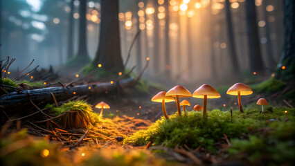 Enchanting Cluster Of Mushrooms Bathed In Golden Sunlight, Nestled Amongst Moss In A Mystical Forest Clearing