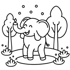 Whimsical Cartoon Elephant Playing with Water in a Scenic Pond