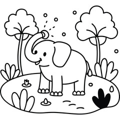 Cheerful Baby Elephant Spraying Water in a Lush Flower Pond