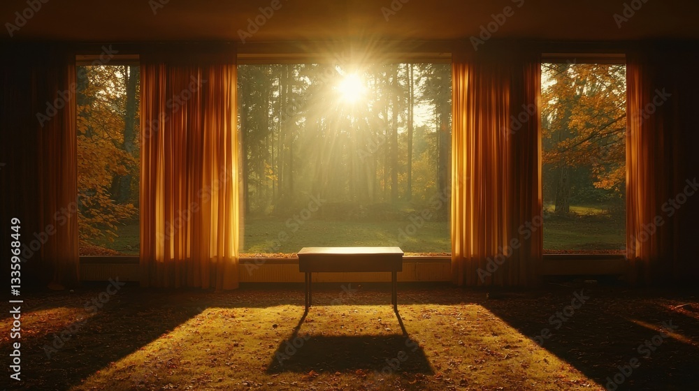 Poster sunlight filters through the trees, casting a warm glow on the room and illuminating the table.