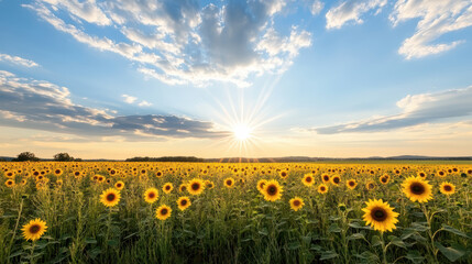 Obraz premium vibrant sunflower field under bright summer sky at sunset