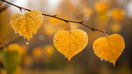 Golden Heart-shaped Leaves Glistening With Raindrops On A Branch, A Tender Autumn Scene In Soft Natural Light