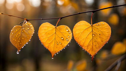 Golden Heart-shaped Leaves Clinging To A Branch, Glistening With Morning Dew, A Tender Autumn Scene Bathed In Soft Sunlight