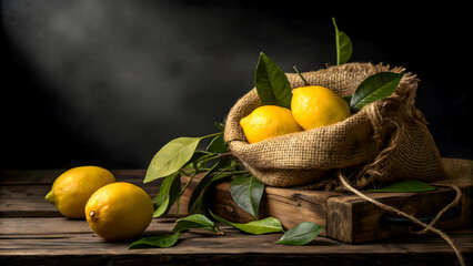 Juicy Lemons Nestled In A Burlap Sack, A Rustic Still Life Capturing The Essence Of Summer Harvest, Bathed In Warm, Dramatic Light