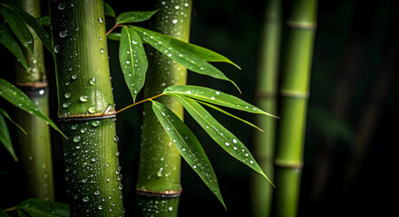 Lush Bamboo Stalks Glistening With Morning Dew, A Tranquil Scene Of Serene Nature In Deep Shadows And Rich Greens
