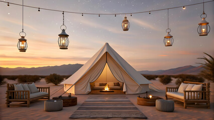Luxurious Desert Glamping Under A Starlit Sky, A Tranquil Escape With Warm Lighting And Comfortable Seating Around A Cozy Campfire