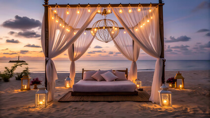 Romantic Beach Sunset Escape A Luxurious Bed Under A Canopy Of Fairy Lights And Sheer Curtains, Creating A Magical And Intimate Atmosphere On The Soft Sand