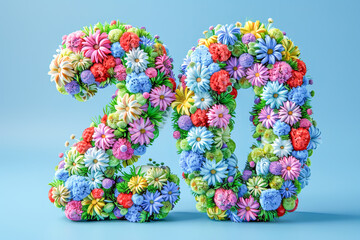Number twenty made of colorful flowers and green grass on light blue background