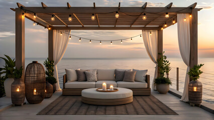 Serene Coastal Evening Escape, A Luxurious Ocean View Lounge Under A Starlit Pergola With Soft Lighting And Woven Accents