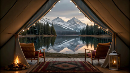Serene Glamping Escape Nestled Amidst Majestic Mountains And A Tranquil Lake, Firelight Dancing, Creating A Cozy Atmosphere Under A Canvas Of Stars