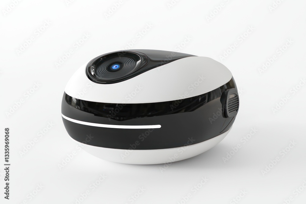 Poster spherical futuristic robot with white and black design minimal style on white background eye level