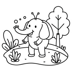 Playful Cartoon Elephant Enjoying a Water Splash in a Floral Pond