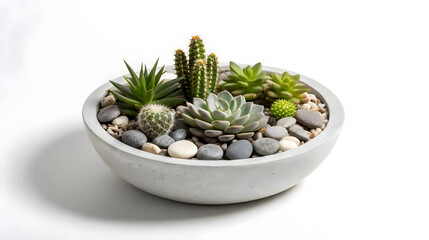 Serene Succulent Garden Thriving In A Minimalist Concrete Bowl, Showcasing Diverse Cacti And Succulents Nestled Amongst Smooth Grey Stones Against A Bright White Backdrop