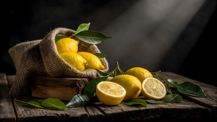 Sun-drenched Lemons Nestled In A Rustic Burlap Sack Spill Onto A Weathered Wooden Table, Exuding A Vibrant, Zesty Freshness