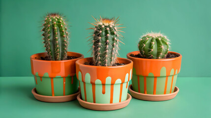 Three Cacti In Vibrant Orange And Green Drip-painted Pots, A Cheerful Desert Scene Against A Teal Backdrop