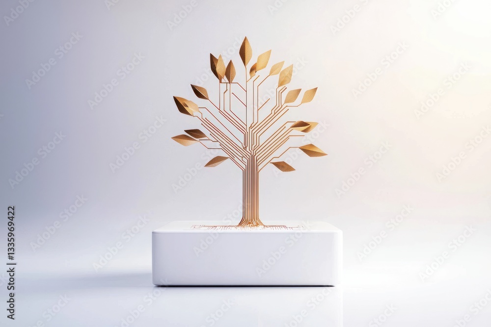 Aufkleber golden technology tree with circuit board branches and leaves on a white cube symbolizing growth and